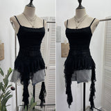Design-Sensitive Irregular Lace Splicing Hem With Lotus Slings With Lotus Slings Waist Yarn Top 8020