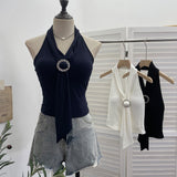 Real Shot With Chest Pad Hanging Neck With Metal Buckle Sling Vest Women Short Knitted Sleeveless Top 9293
