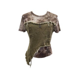 Real Shooting Guangzhou Women's Clothing Dizz-Dyed Net Yarn Splicing Edge To Make Old Denim Short-Sleeved T-Shirt Top 26171