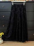 Gentle Wind Pure Color Hollow Lace Lace Dress Women Winter Lady Temperament High Waist Folds Big Swing Dress