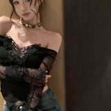Pure Lustrous Black Shoulder Long-Sleeved T-Shirt Women's Autumn And Winter Design Feeling Butterfly Repair Short Mesh Splicing Top