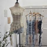 Real Lattice Splicing Lace Ribbon Ribbon Swing Tie Sling Sling Vest Irregular Lotus Leaf Side Hottie Top 8078