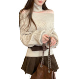 Ma Hua's Word Shoulder-To-Shoulder Knitted Shirt Woman Autumn Commute New Korean Lazy Wind Waist Top