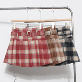 Real Shooting With Belt ~ Lattice Hair Of The Hundred Folded Skirt High Waist Anti-Light Small A Word Short Skirt 8382