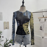 Pictsey Tat Yarn Print Bottom Blouse Spliced Lace Long-Sleeved T-Shirt 22917