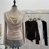 Fake Two-Piece Squint Hanging Neck Tie Long Sleeves Jersey Hottie Tops Body Folded T-Shirt 2829