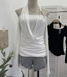 Real Shooting Hottie Shoulder Bead Hanging Neck Cross-Neck Wrinkles Two Long-Sleeved Tops To Repair T-Shirt 2861