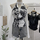 Vintage Hottie Hanging Neck A Word Shoulder Collar Long Sleeve Mesh Yarn T-Shirt 1331