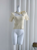 Real Shooting 2026 Summer New Mesh Splicing Milk Yellow Ice Fresh Silk Knitted Shirt Short-Sleeved Top Female Senior Sense