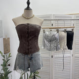Vintage Punk With Chest Pad Anti-Slip Bar Bra Vest With Zipper Open Fork Short Top Female 6230