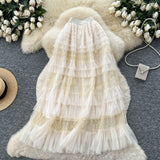 Fairy Heavy Industry Embroidery Mesh Dress 2025 Autumn French High-Waist Thin Ponum Cake Mid-Skirt