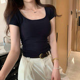 European Goods Explosion With Breast Pad Hot Girl Collar Shoulder Short-Sleeved T-Shirt Girl 2025 Summer New Dress Short Top