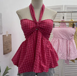 Real Shooting A Variety Of Wearing Striped With Bows Hanging Neck Bra Vest With Chest Cushion Lattice Sleeveless Short Top 9227