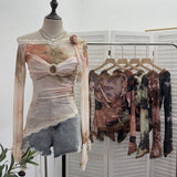 Real Shooting Lace Splicing Oblique Shoulder Thin Tie-Dye Mesh T-Shirt Girl T-Shirt T-Shirt Shawl T-Shirt 9986