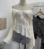 Design-Sensitive Hole Irregular Lotus Side Ribbon Shoulder Horn Long-Sleeved Top T-Shirt 9261
