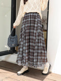 New Autumn Lattice Splicing Large Swing Net Yarn Half-Dress Classic High-Rise Thin A-Word Long Skirt Woman