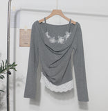 Y01 Autumn Fake Two Lace Lace Collar Folding Long Sleeves Slimming Bottom T-Shirt Blouse Female 2532