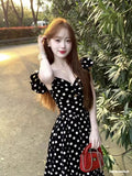 Korean Sweet High-End Feeling Dot Dress Woman 2025 Summer New Folded Waist Thin Temperament Long Dress
