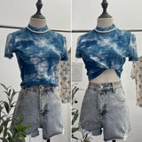 Real Shooting Retro Tie-Dye Double-Layer Mesh Half-High-Neck Short-Sleeved T-Shirt T-Shirt Short-Sleeved T-Shirted Woman 8833