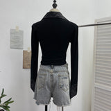 Real Shoot Babes Camouflage Splicing Polo Collar Shirt With Hollow Design Sense Short Long-Sleeved Top 1360