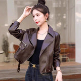Vintage Black Leather Coat Women's Design Sense 2025 Autumn New Small PU Locomotive Leather Jacket Woman