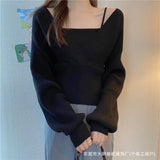 Design Sense V-Neck Fake Two Short Knitted Shirt Girls Beware Of The Machine Collar Bone Thick Sweater Long-Sleeved Top