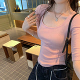 Unique Beauty Thinch Waist-Up Square Collar Sleeve Knitted T-Shirt 2026 New Light People Wearing Tops