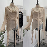 Real Shooting Wasteland Wind Irregular Ribbon Hollow Hole Knitted Shirt Collar Loose Long-Sleeved T-Shirt 9277