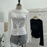 Punk Vintage Hottie Long-Sleeved T-Shirt Girl Autumn Lace Rivet Design Sense Thin Top 1358