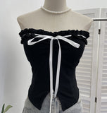 Real Shot With Chest Pad Lotus Leaf Edge With Bow Tector-Bossed Waist-Opened Hottie Sleeveless Top 9332