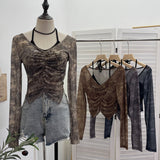 Hanging Neck Tie With Fake Two-Piece Mesh Printed Long-Sleeved Top Irregular Folding Repair Short T-Shirt 8877