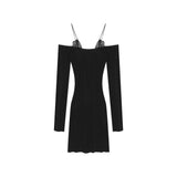 Sweet Babes Lace Sling Dress Women Autumn Pure Lusty Style Sexy Short Skirt Black Sleeves Pocketed Hip Skirt