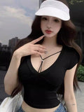 Pure Lust Wind V-Neck Short-Sleeved T-Shirt Female Net Red Anchor Want To Be Squee-Bossed Design Sense Unique Beauty Short Shirt