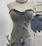 Vintage Denim With Chest Pads In The Ear Of Irregular Body Repair Brat Vest Short Sleeveless Top 2861