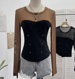 Small Personality Camouflage Mesh Spliced Long-Sleeved T-Shirt Short Repair Cloth Woman 8107