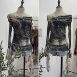 Real Shot Shoulder Strap Tie Dyed Net Shawl Shirt T-Shirt T-Shirt T-Shirt Design Folded Long-Sleeved T-Shirt 8003