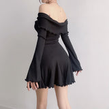 Spice Girls Pure Lust Wind Shoulder Cross Long-Sleeved Dress Women Autumn And Winter New Dress Waist A Word Outside Wearing Short Skirt