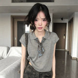 High Sense Of Wearing Polo Shirt Short-Sleeved Women's Summer Silk Scarf Collar Shoulders T-Shirt Casual Temperament Knitting Tops Ins