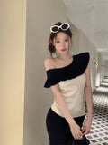 French High-End Lotus Leaf Side Shoulder Short-Sleeved Knitted Shirt Women 2026 Summer New Design Sense On The Dress