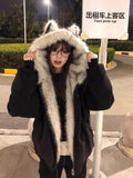 Black Cat Ear Collar Cotton Coat Thick Coat Women 2025 New Furry Retro Landscaped Cotton Coat