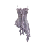 Real Shoot Broken Flower Sling Vest Irregular Lotus Side Ribbon Foldless Short Blouse Female 1223