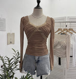 Pure-Want Wind Belt Chest Mat Lace Splicing Mesh Yarn Long-Sleeved T-Shirt Short Slim Top 2673