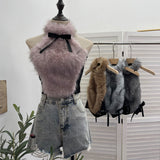 Real-Shot Bow Decorative Hair Splicing Elastic Hanging Neck Vest Outside Wearing Hairy Short Grinding Coat 2791