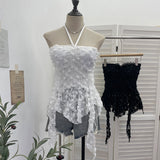 Real-Patlace With Hanging Neck Tector Lace Three-Dimensional Flower Sling Vest Irregular Ribbon Sleeveless Top 9330