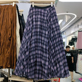 Autumn New Lattice Splicing Large Swing Net Yarn Half-Dress Classic High-Rise Slim A-Character Long Skirt Woman