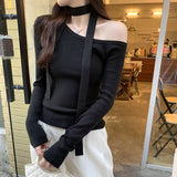 Black Neck With Knitted Bottom Shirt Women's Autumn And Winter New Super Good-Looking Open Shoulder Sweater Slanted Shoulder