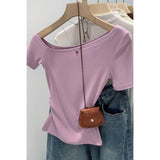2026 Early Spring Korean Chic Inclined Shoulder Short-Sleeved T-Shirt Women's Commuting Summer New Slim Slimy Super Good-Looking Exposed Shoulders