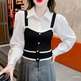 Fake Two Knitted Vest Sling Splicing Bubble Sleeves Simple Atmospheric French Design Sense Sweet Blouse Woman