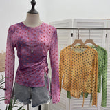 Net Yarn Sunscreen T-Shirt T-Shirt Print Waist Drawstring Tethered Slim Long-Sleeved T-Shirt Top 2732