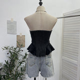 Real Shooting Of The Female Jeans Breast 2026 New Split Press Line To Close The Waist A Swing Vest Short Sleeveless Top 828